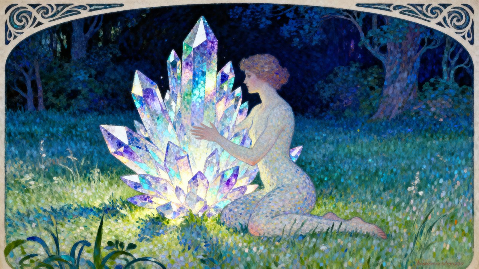 Art Nouveau Transformation: Human Merging With Crystal Glade