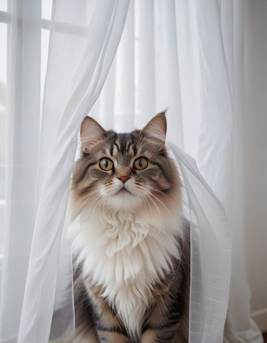 Adorable Cat Hiding Behind Curtain with Fluffy Tail