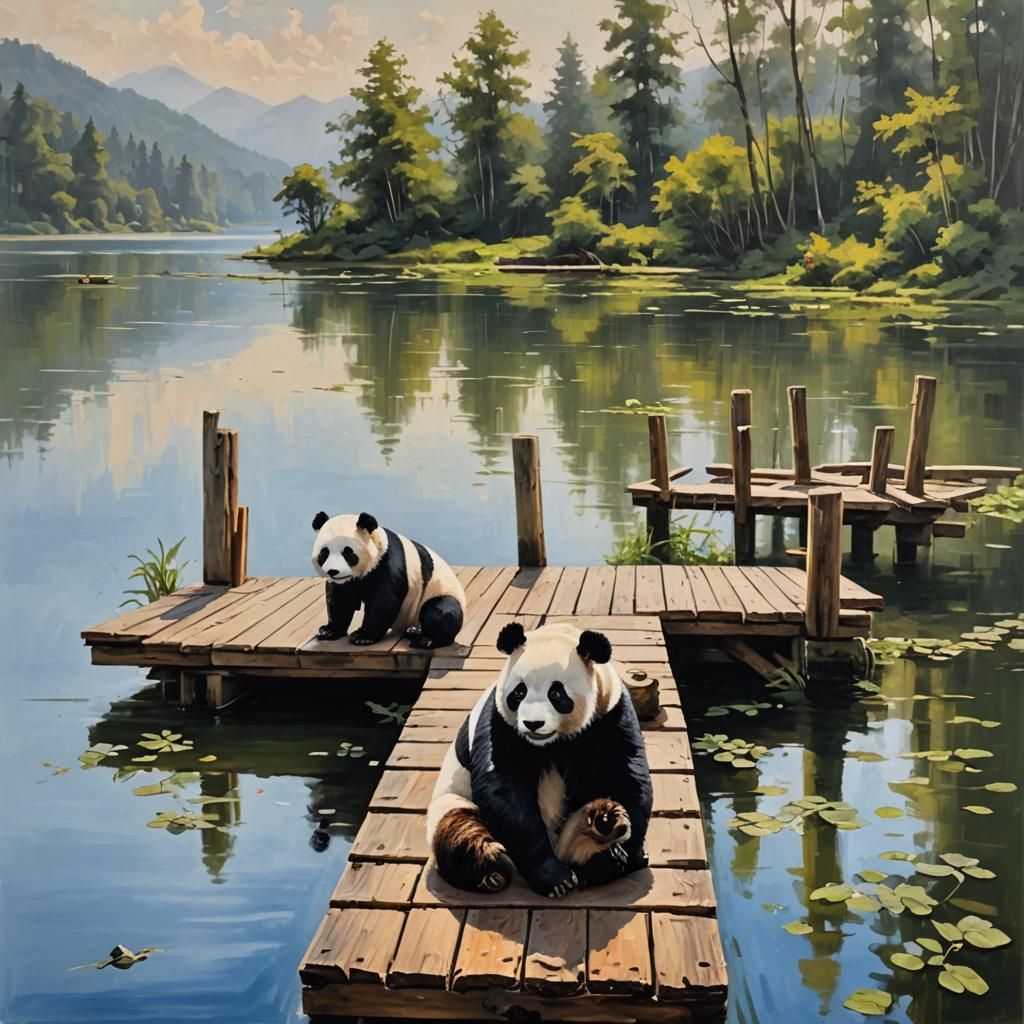 Panda Soaking on Dock: Oil Painting