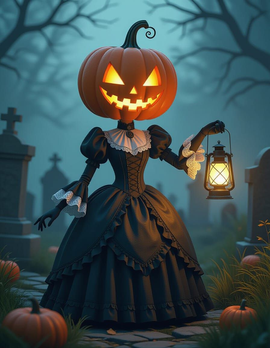 Victorian Pumpkin Head Character With Lantern in Graveyard