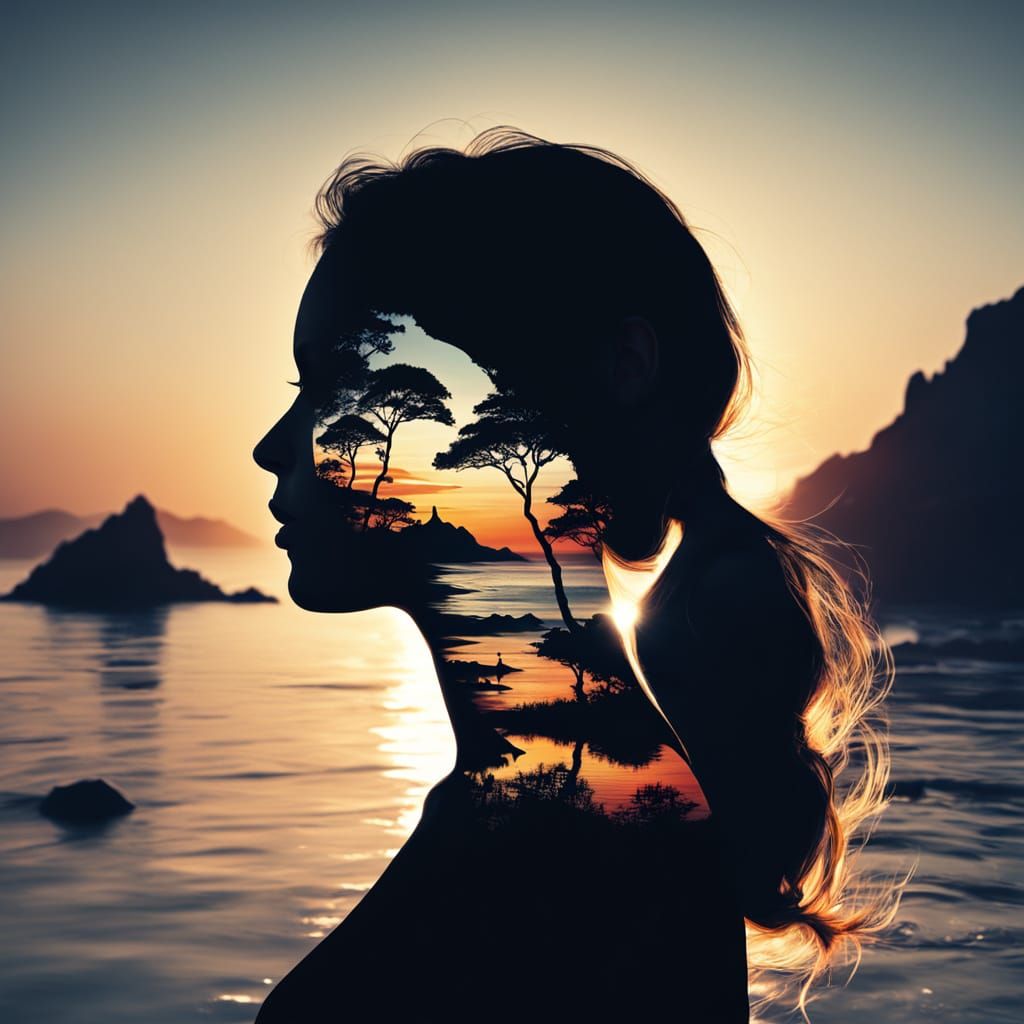 Goddess Silhouette Merged with Sunset Coastline