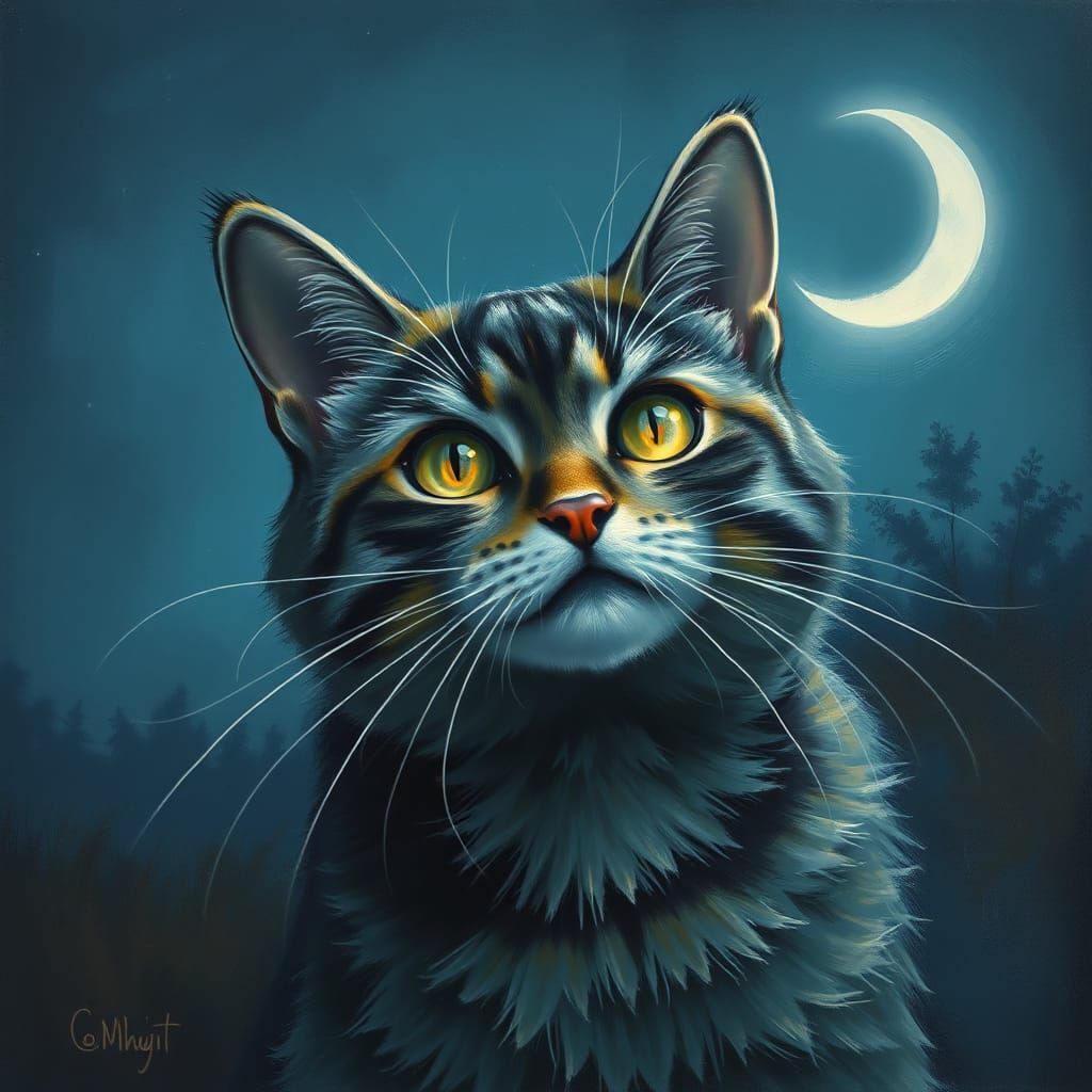 Cat Gazing at Moon as Impasto Style Painting