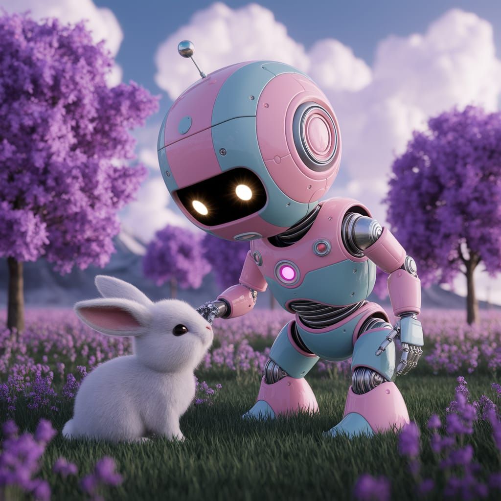 Pastel Robot Tenders to Fuzzy Bunny in Flower Field