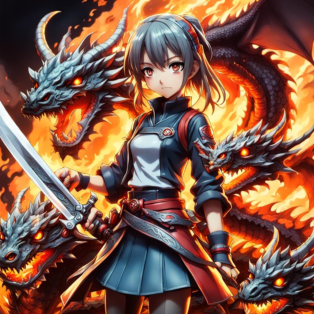 female cute anime figure with a glowing burning knife  with ...