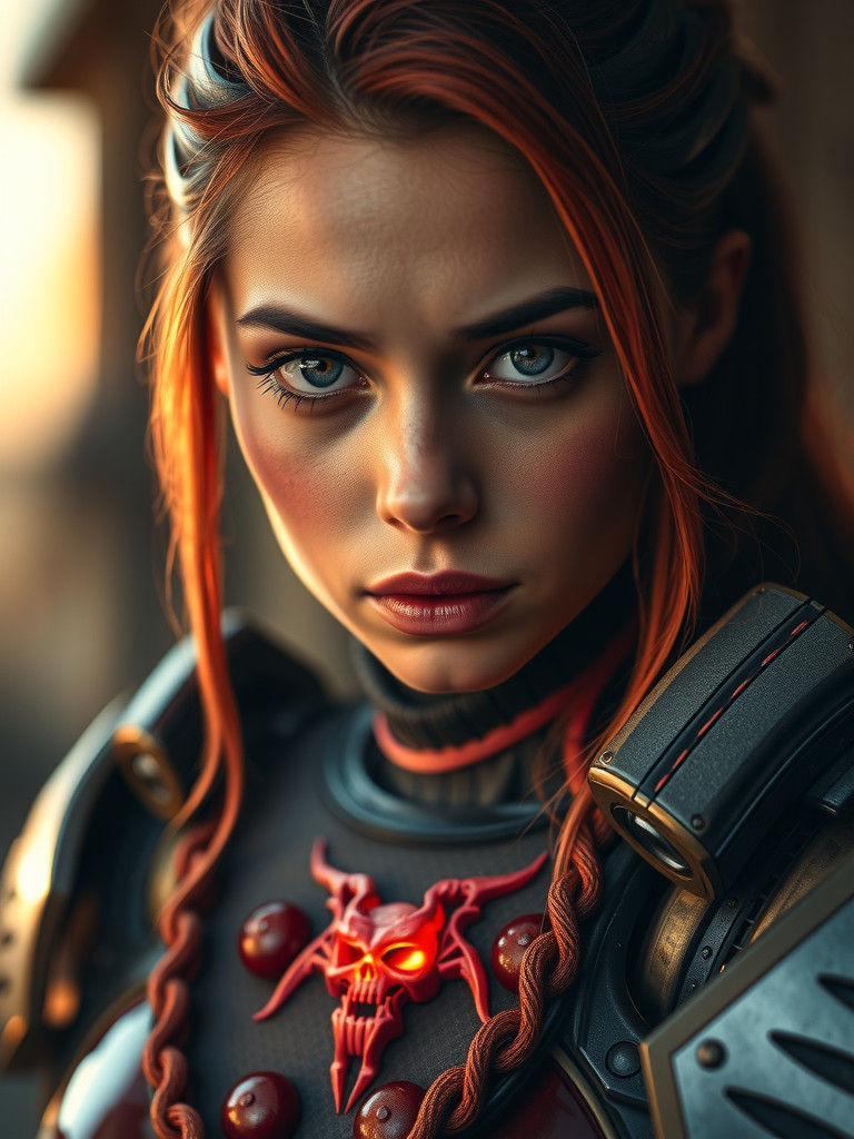 Female Power Armor Warrior with Red Skull in Moody Lighting