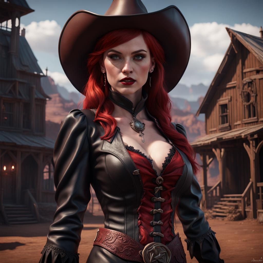 Redhead Vampire Cowgirl in Detailed Fantasy Art