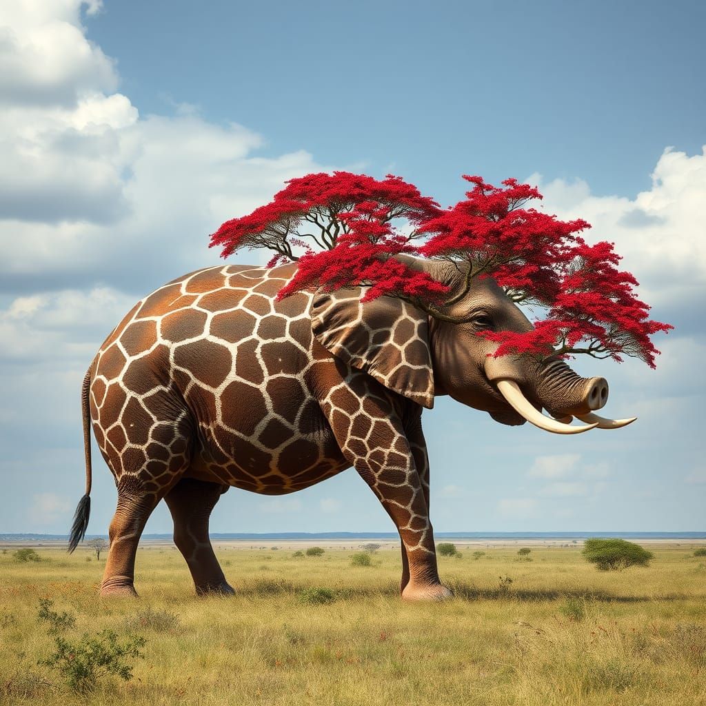 Surreal Giraffe Elephant with Pig Head in Africa