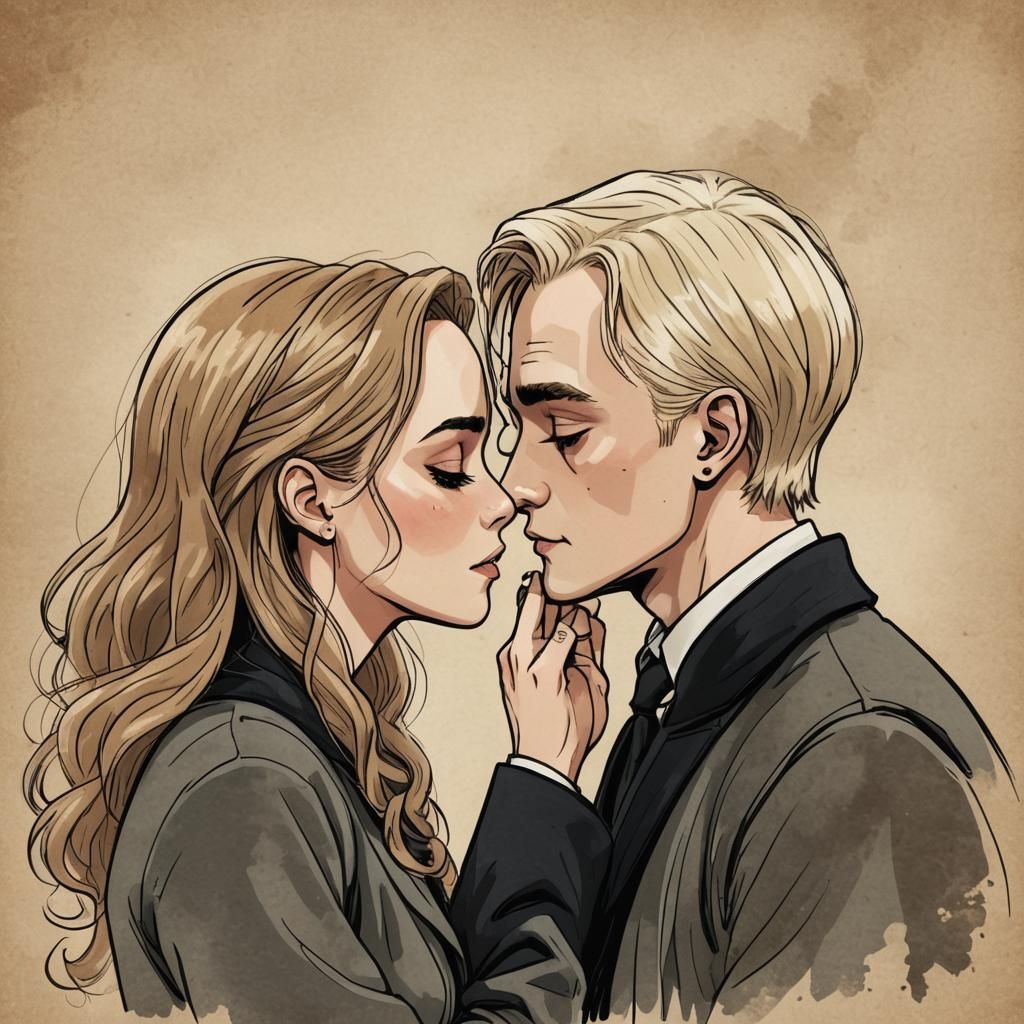Cartoon Draco and Hermione Kissing