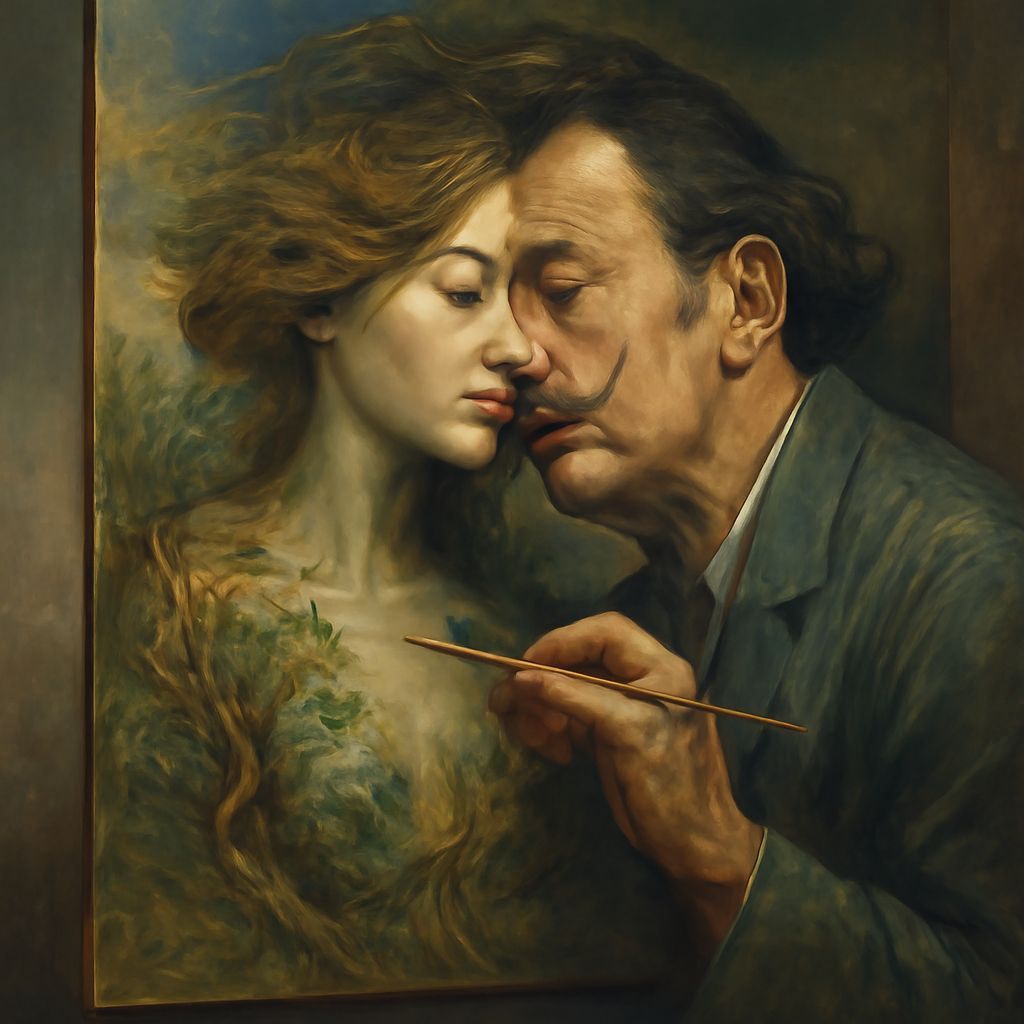 Artist Merging with Masterpiece: A Surreal Oil Painting