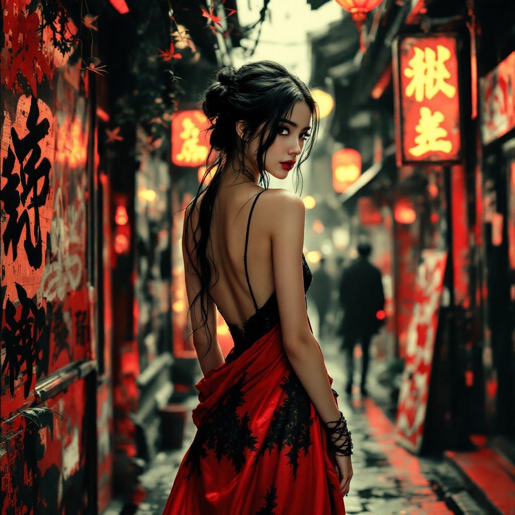 Elegant Asian Woman in Red Light District