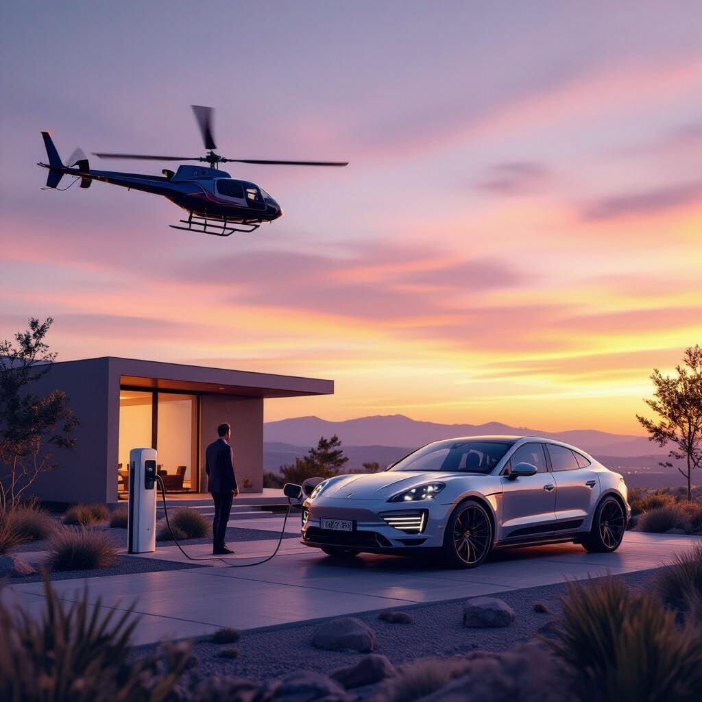 Modern Home with Electric Porsche at Sunset