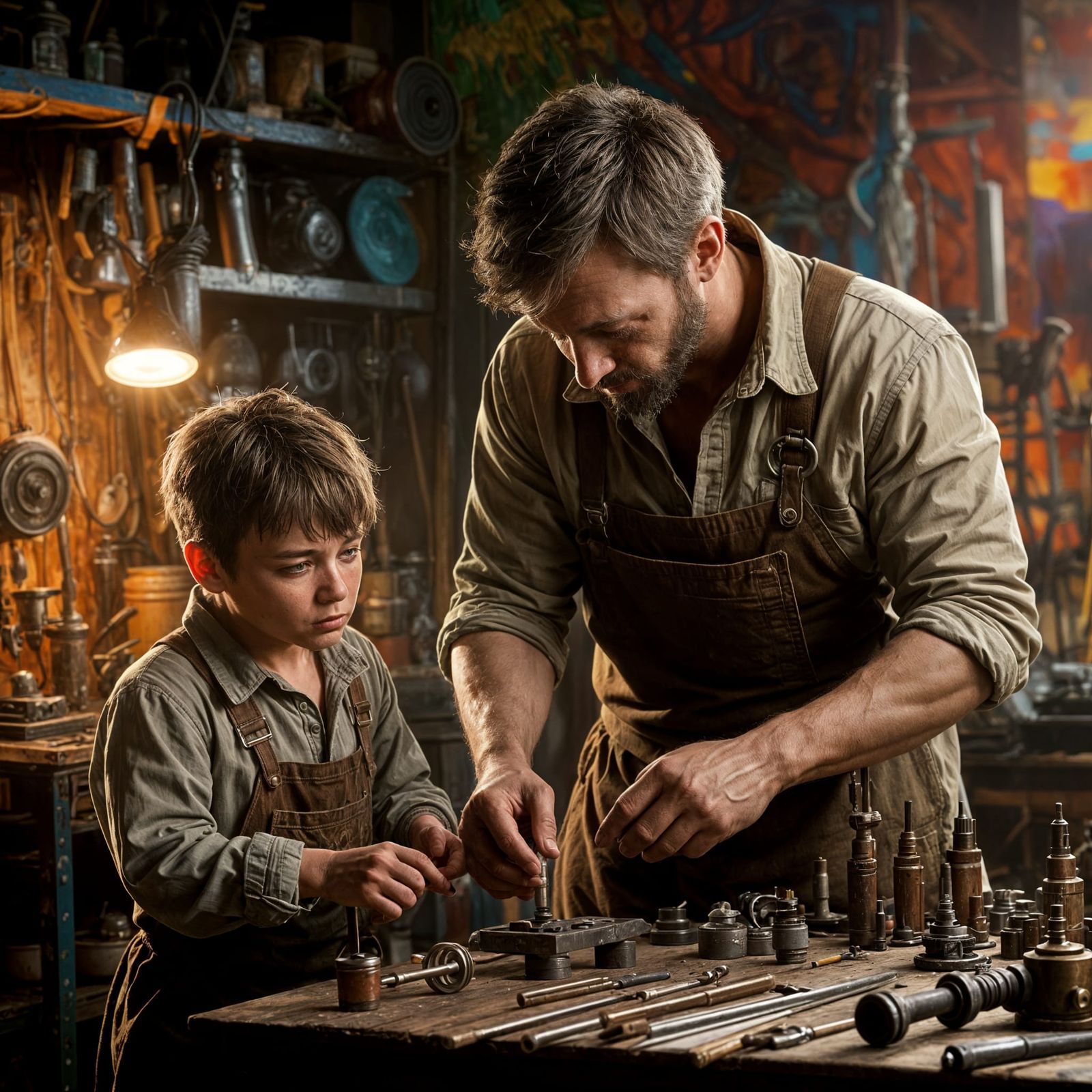 Father and Son in Workshop, Concept Art Style