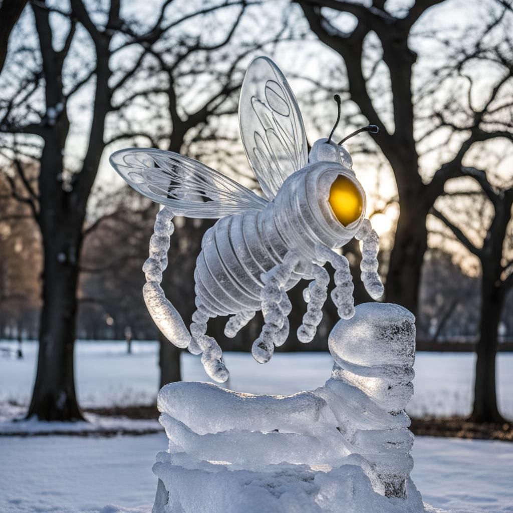 Frosty Bee Ice Sculpture in Snowy Park