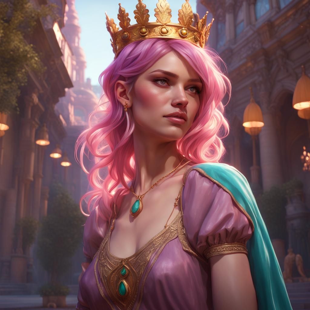 Pink-Haired Woman Greets Crowned Girl: Hyperdetailed Concept...