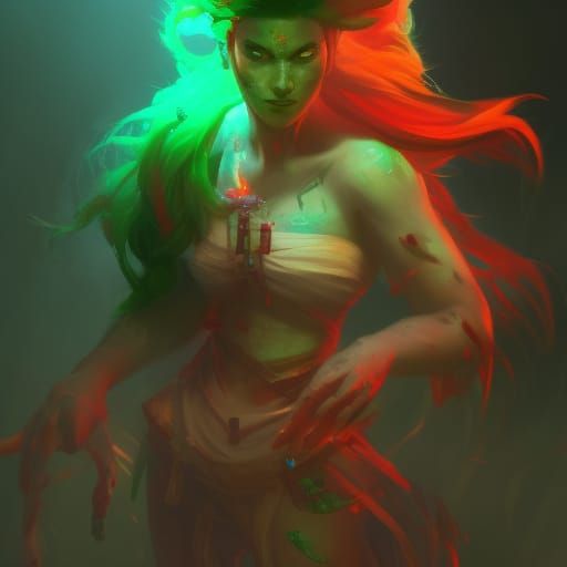 Green-Haired Snake Man Dancing, Hyperdetailed Fantasy Art