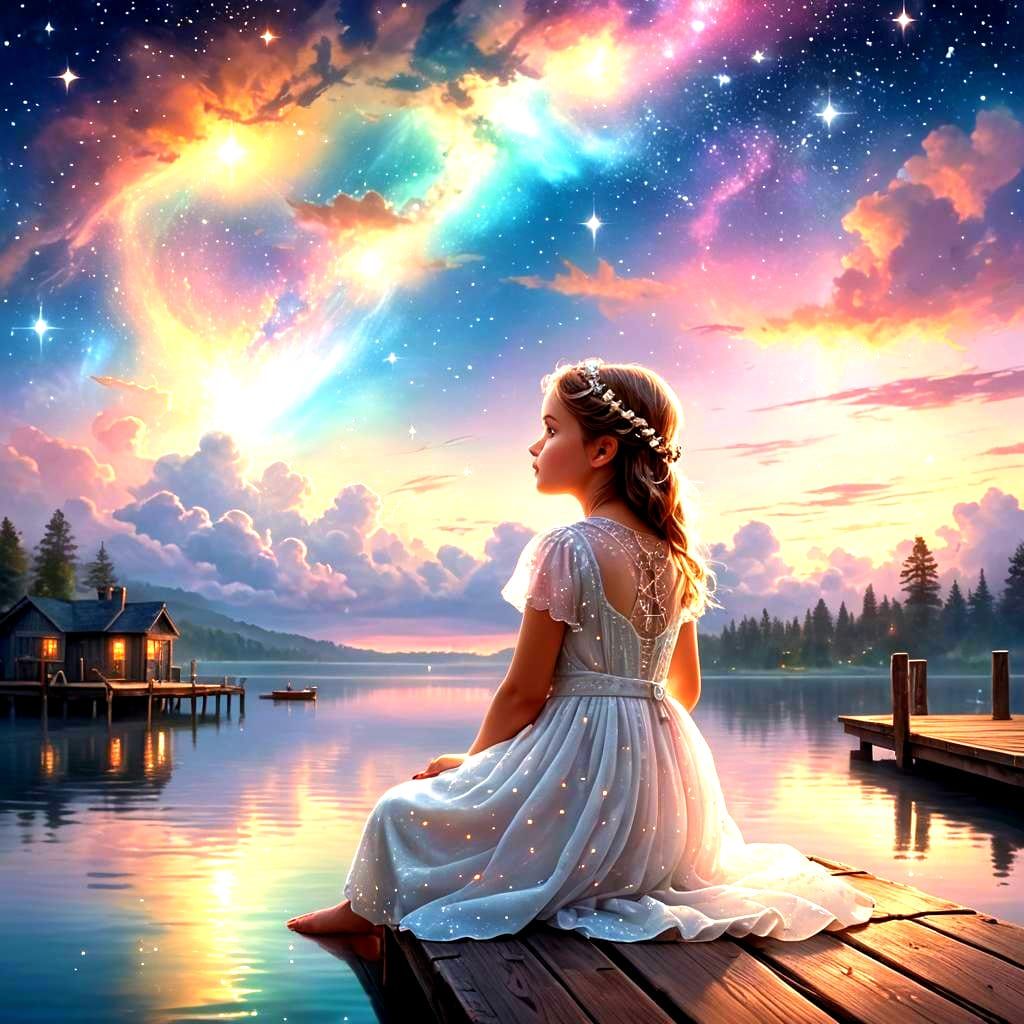 Colorful Cosmic Sky with Girl on Dock