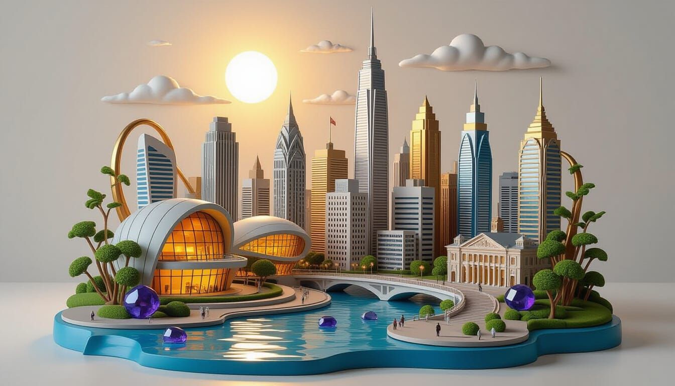 3D Clay Art Cityscape in Bismuth & Gold Tones