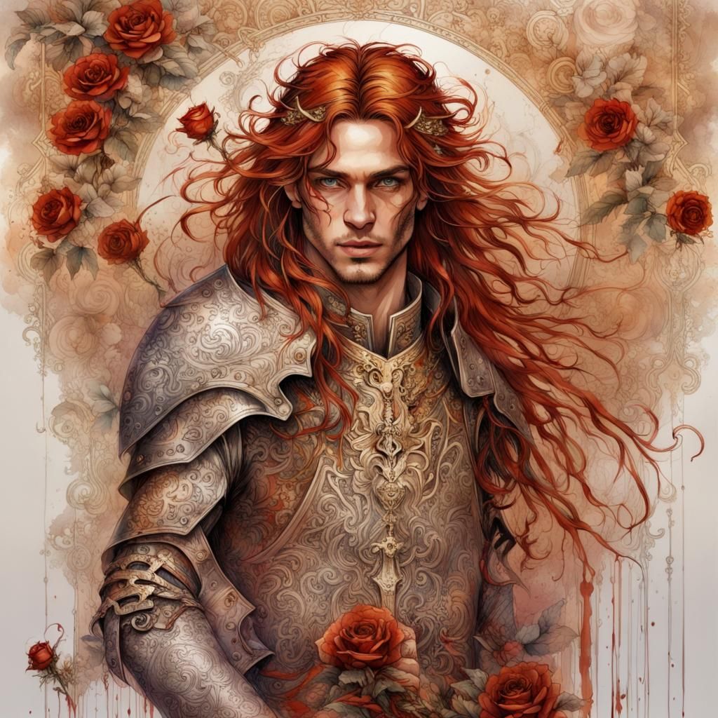 Crimson Haired Prince with Sword in High Gothic Style