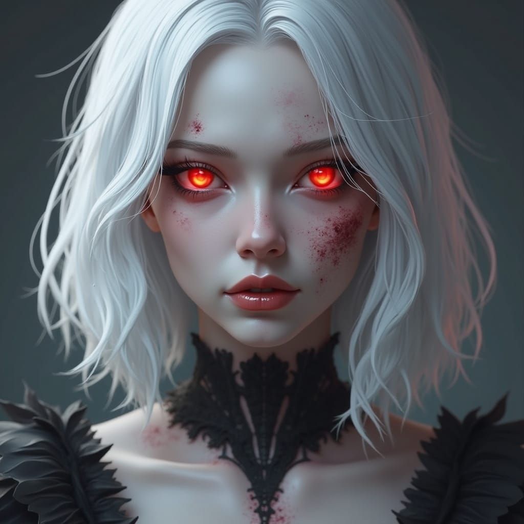 Pale Woman with Skeletal Jaw and Red Eyes