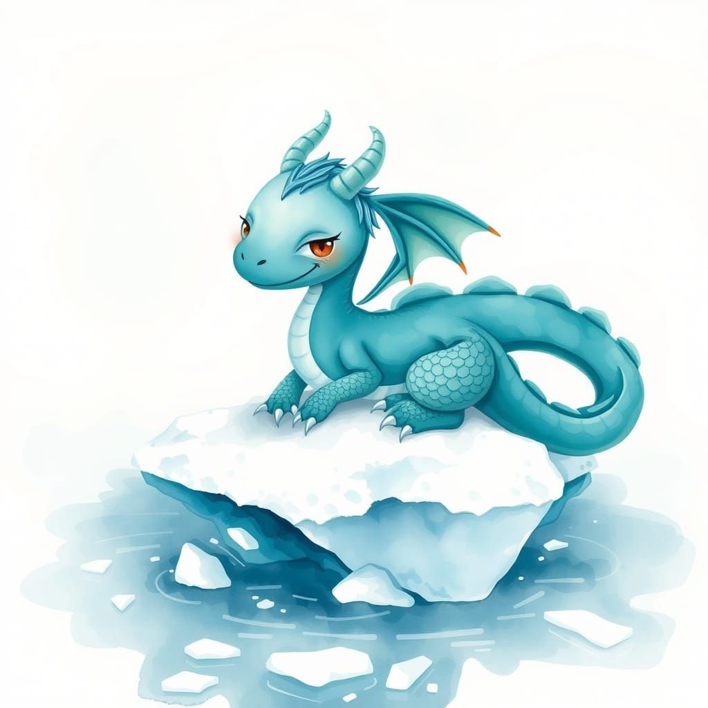 Teal Dragon on Iceberg in Watercolor Style