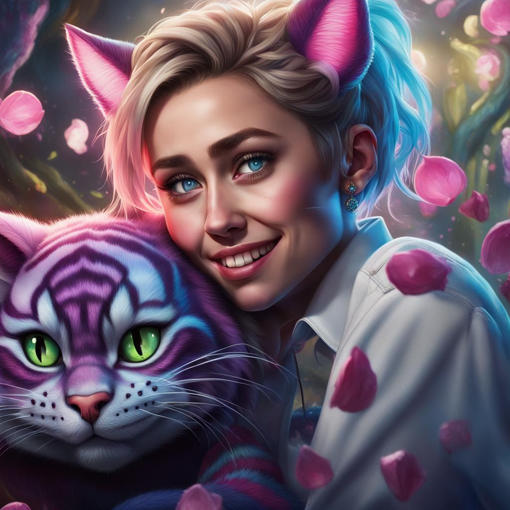 Woman with Cheshire Cat in Wonderland