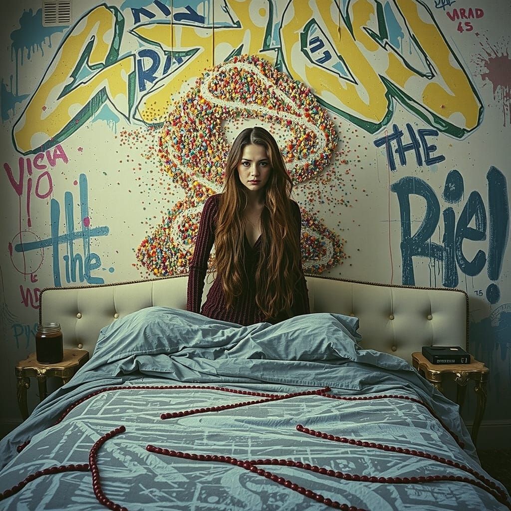 Bead-Covered Figure on Velvet Bed