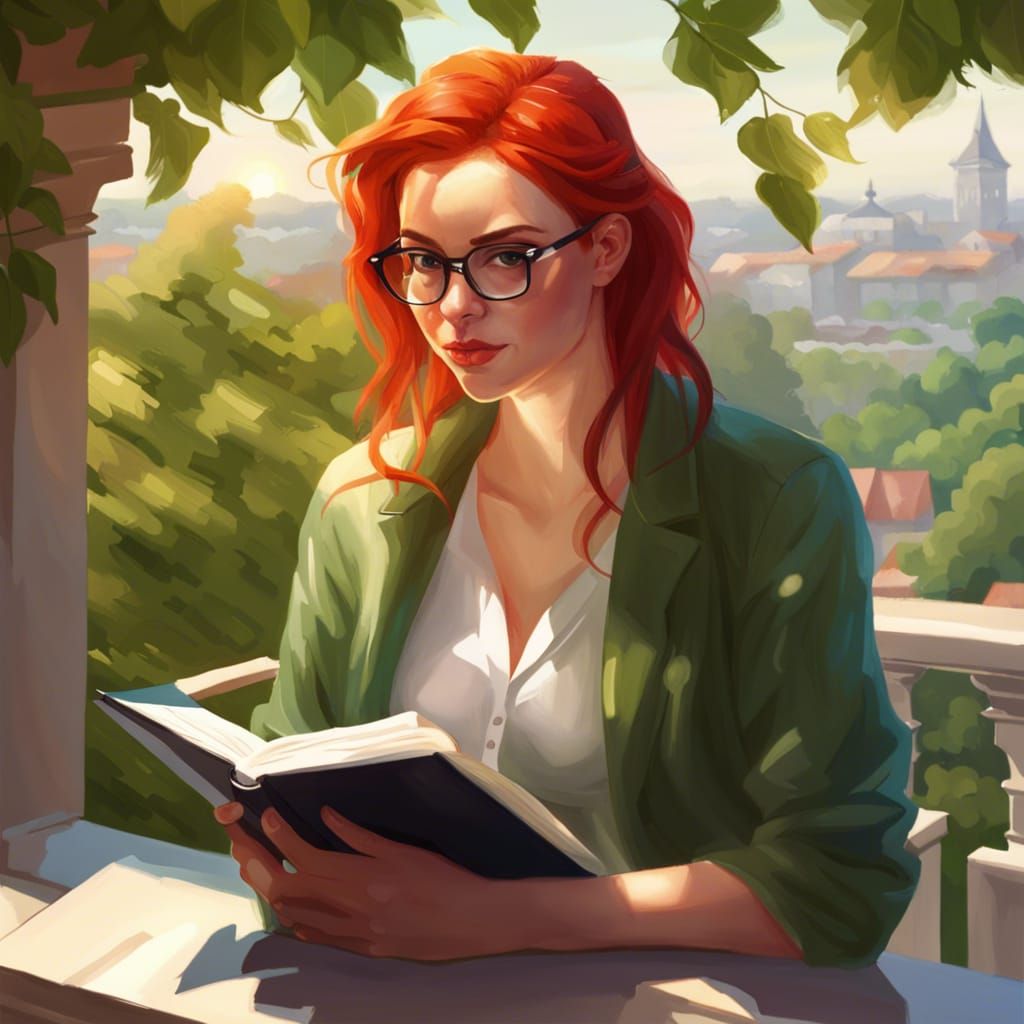 Red-Haired Writer in Green Scenery, Hyperdetailed Art