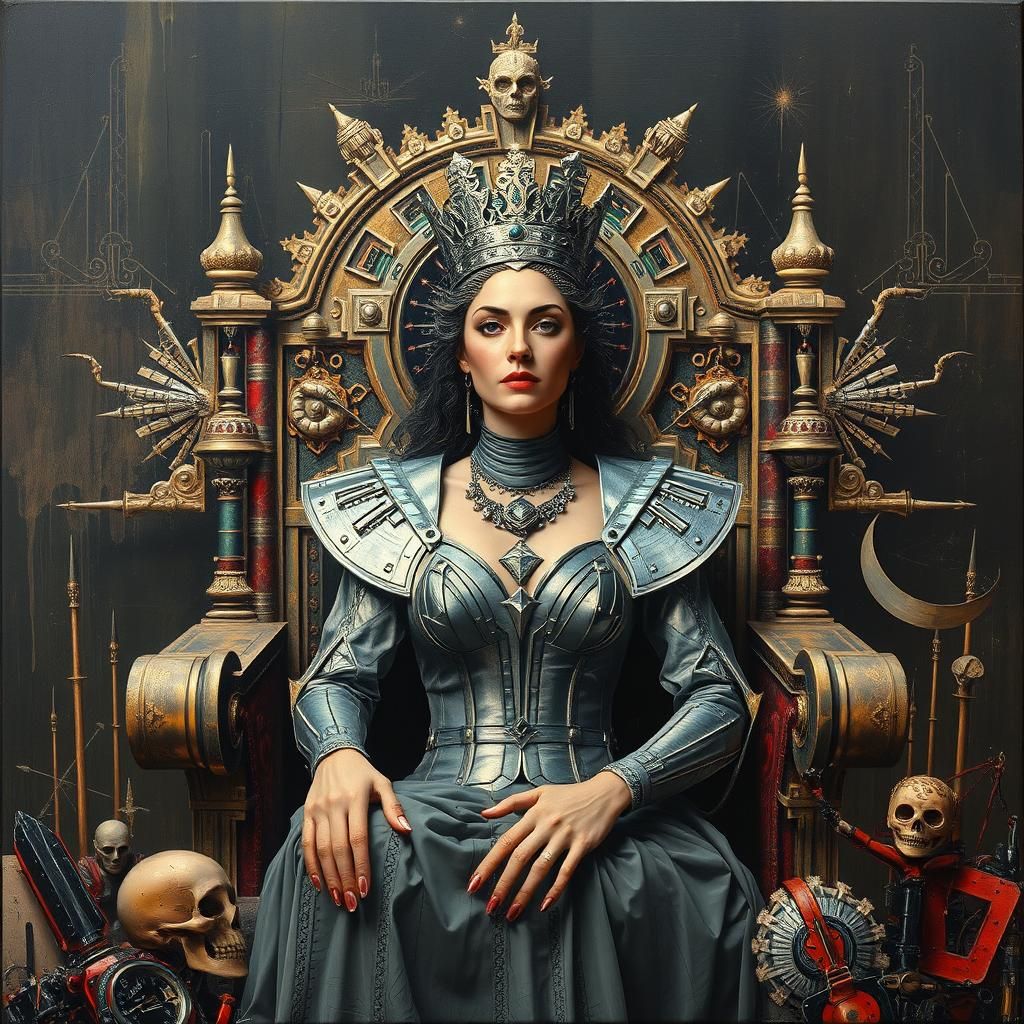 Dystopian Art Deco Queen on Metal Throne