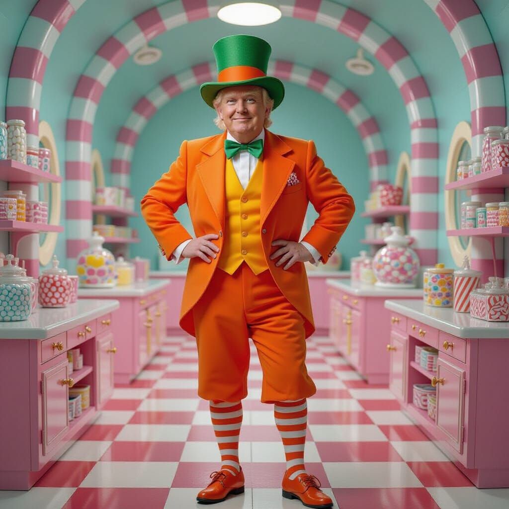 Trump as Oompa Loompa in Willy Wonka Candy Factory