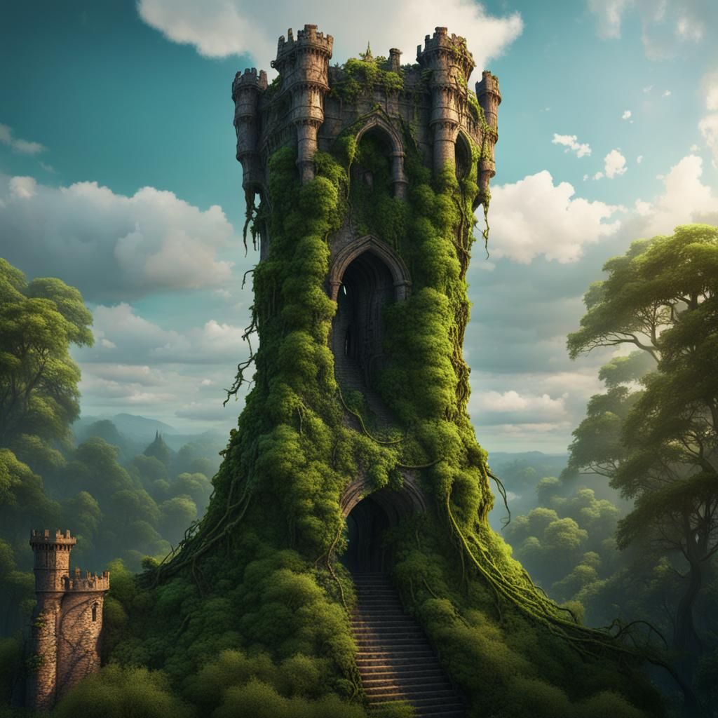 Green Dragon on Ancient Ruined Tower