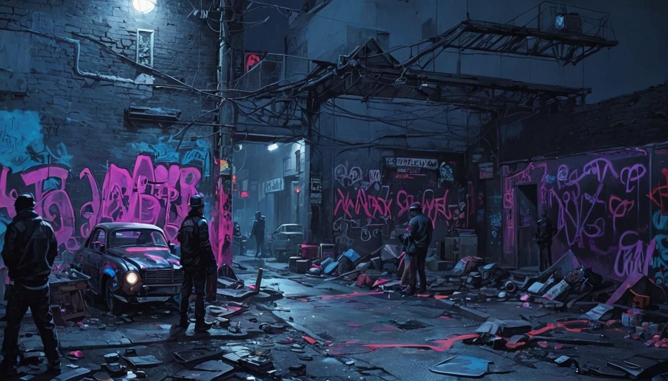 Noir Nightscape with Neon Graffiti Revolution