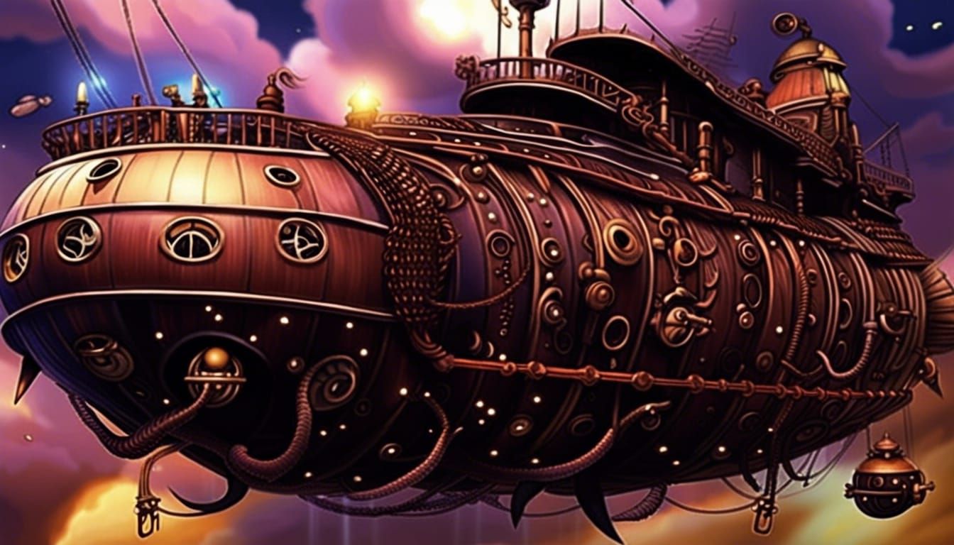 Steampunk Airship Pursued by Kraken in Space