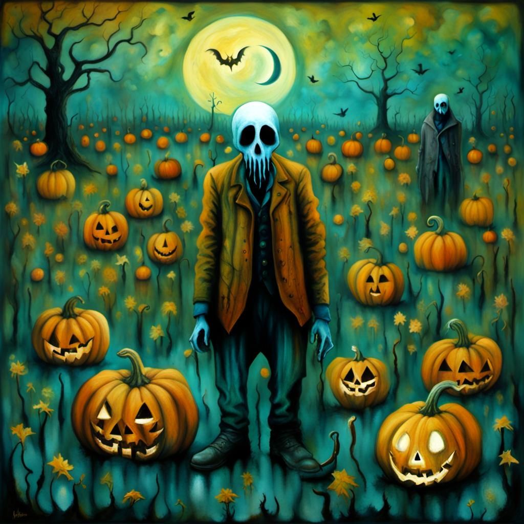 Surreal Pumpkin Patch Figure in Abstract Expressionism Style