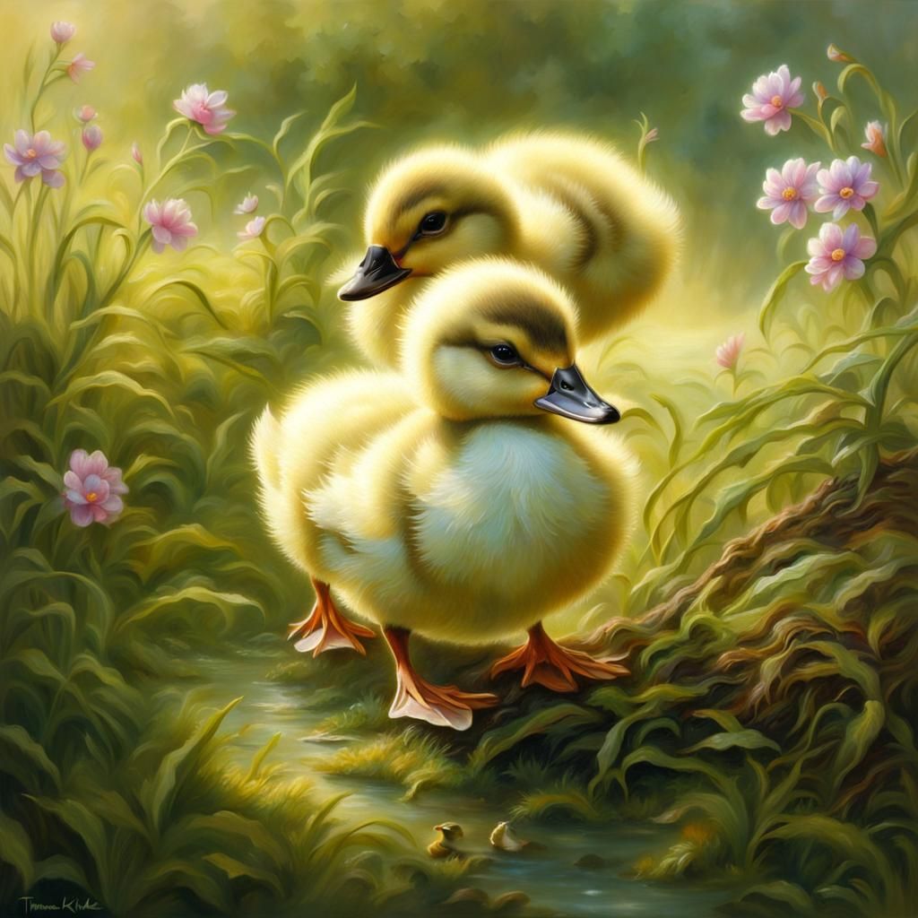 Cute Ducklings in Ethereal Fantasy Landscape