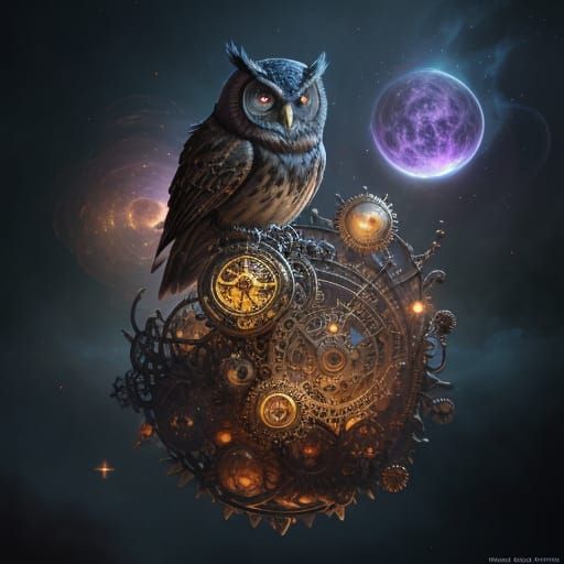 Steampunk Owl on Clockwork Island, Cosmic Nebula