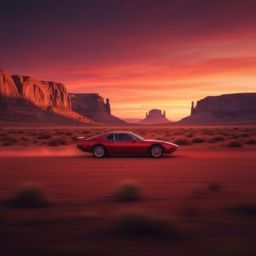 Crimson Car in Red Desert Landscape, Hyperrealistic Digital ...