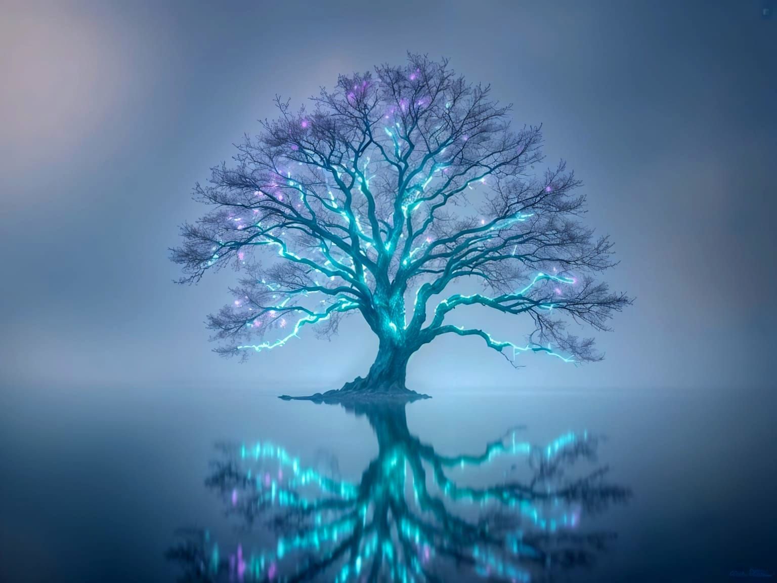 Mystical Tree Radiates Bioluminescent Neon in Still Lake Ref...