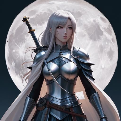 Anime Knight Guarding Under the Moon