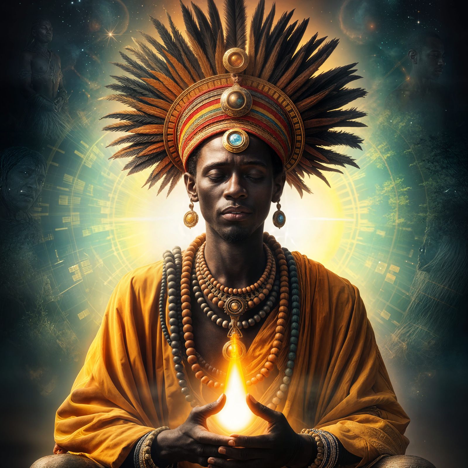 Meditating African Warrior Priest Communicates with Ancestor...