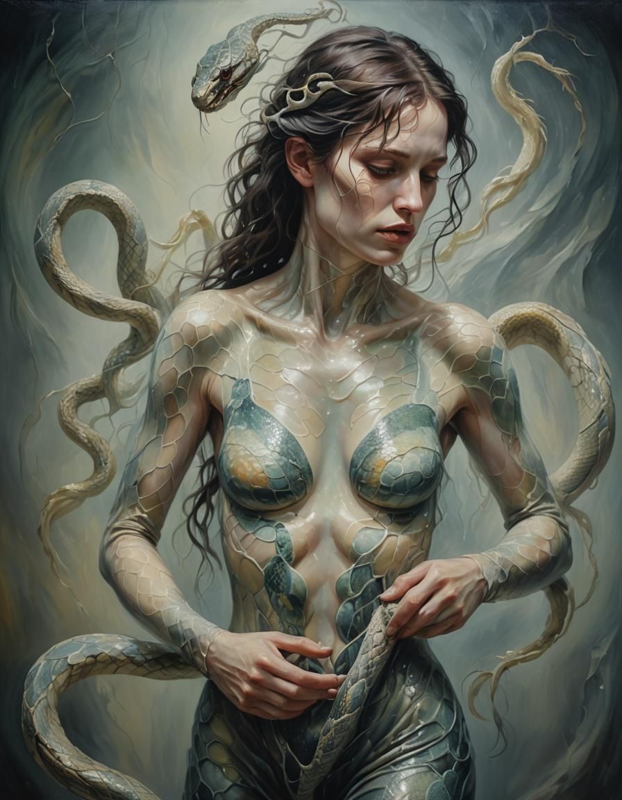 Surreal Transformation: Skin Shedding as Oil Painting