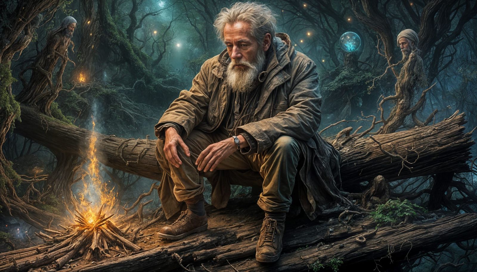 Content Hermit Meditating by Campfire in Mountain Cave