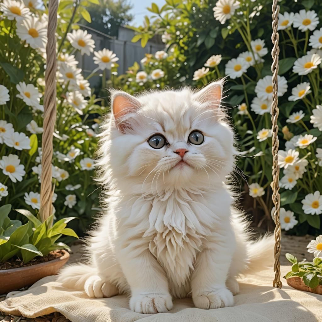Cute Persian Kitten Swinging in Summer Garden