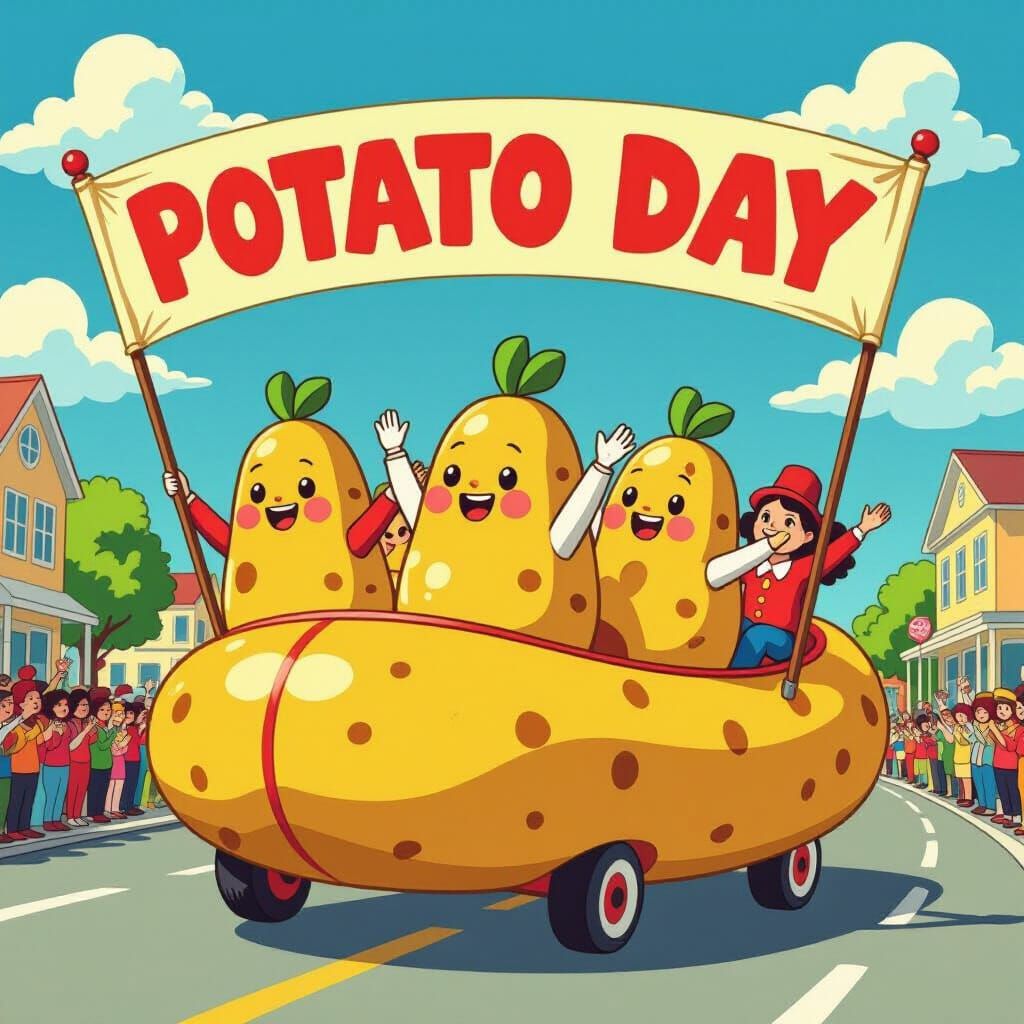 Vibrant Potato Day Parade in Whimsical Folk-Art Style