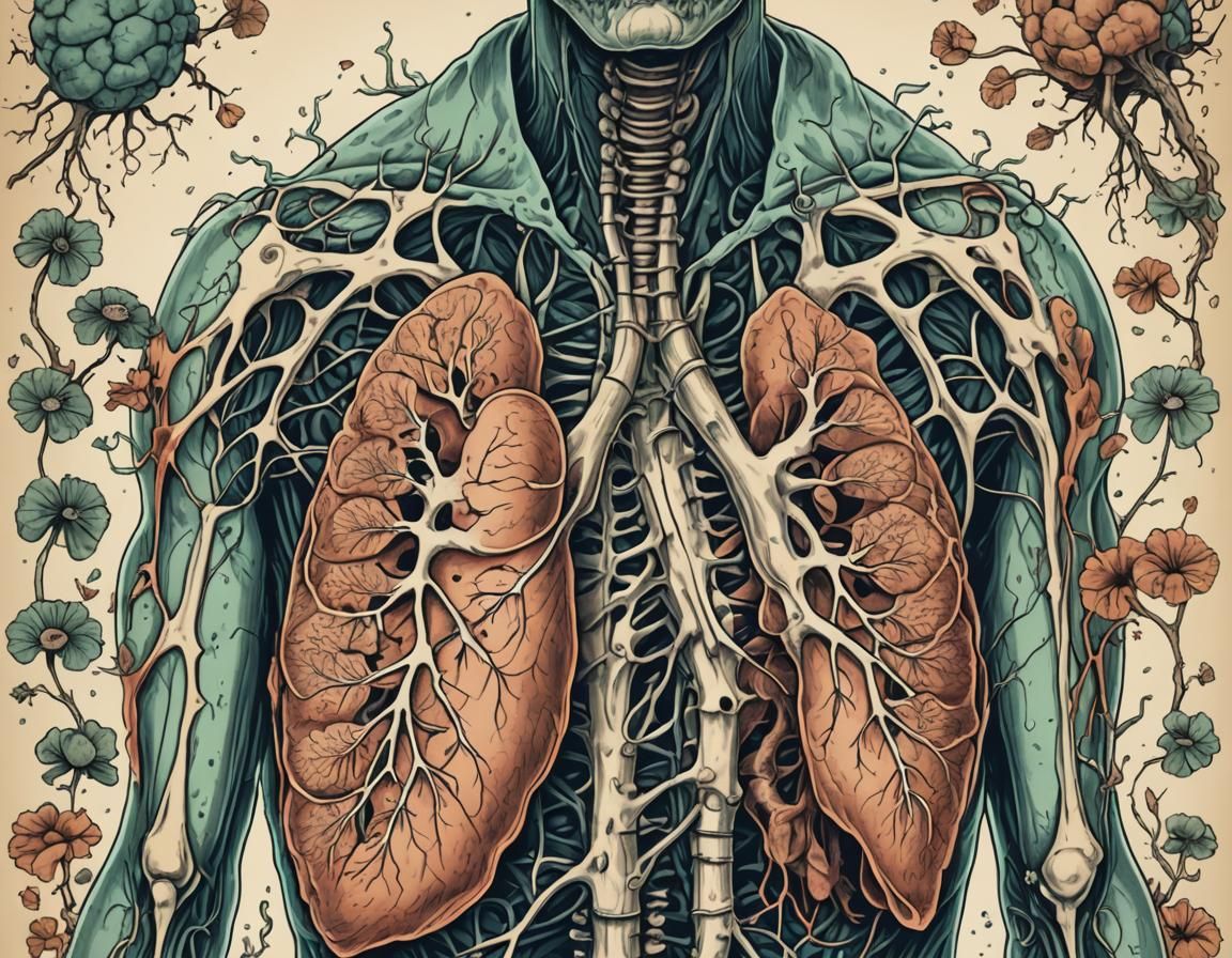 Fungus-Infected Lungs and Spinal Cord in Vintage Style