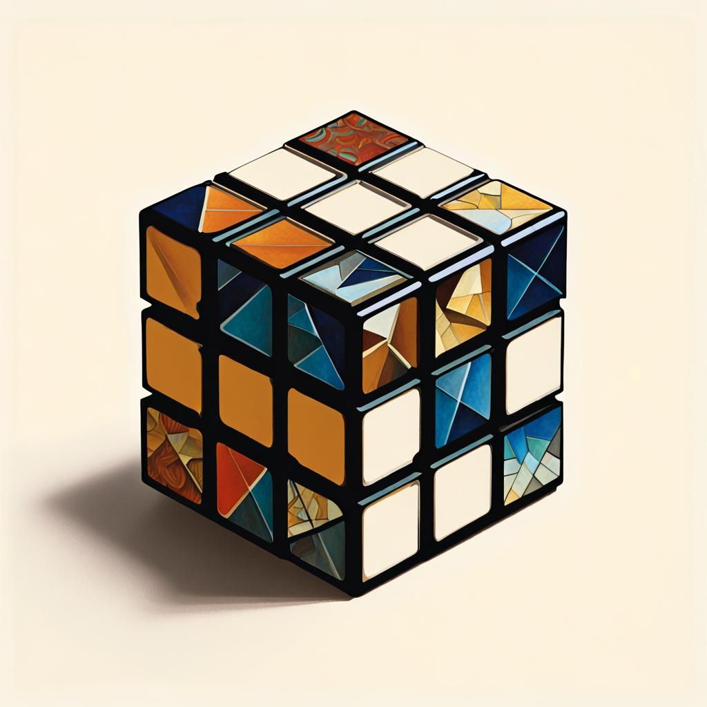 Fractured Rubik's Cube in Cubist Art Nouveau Style