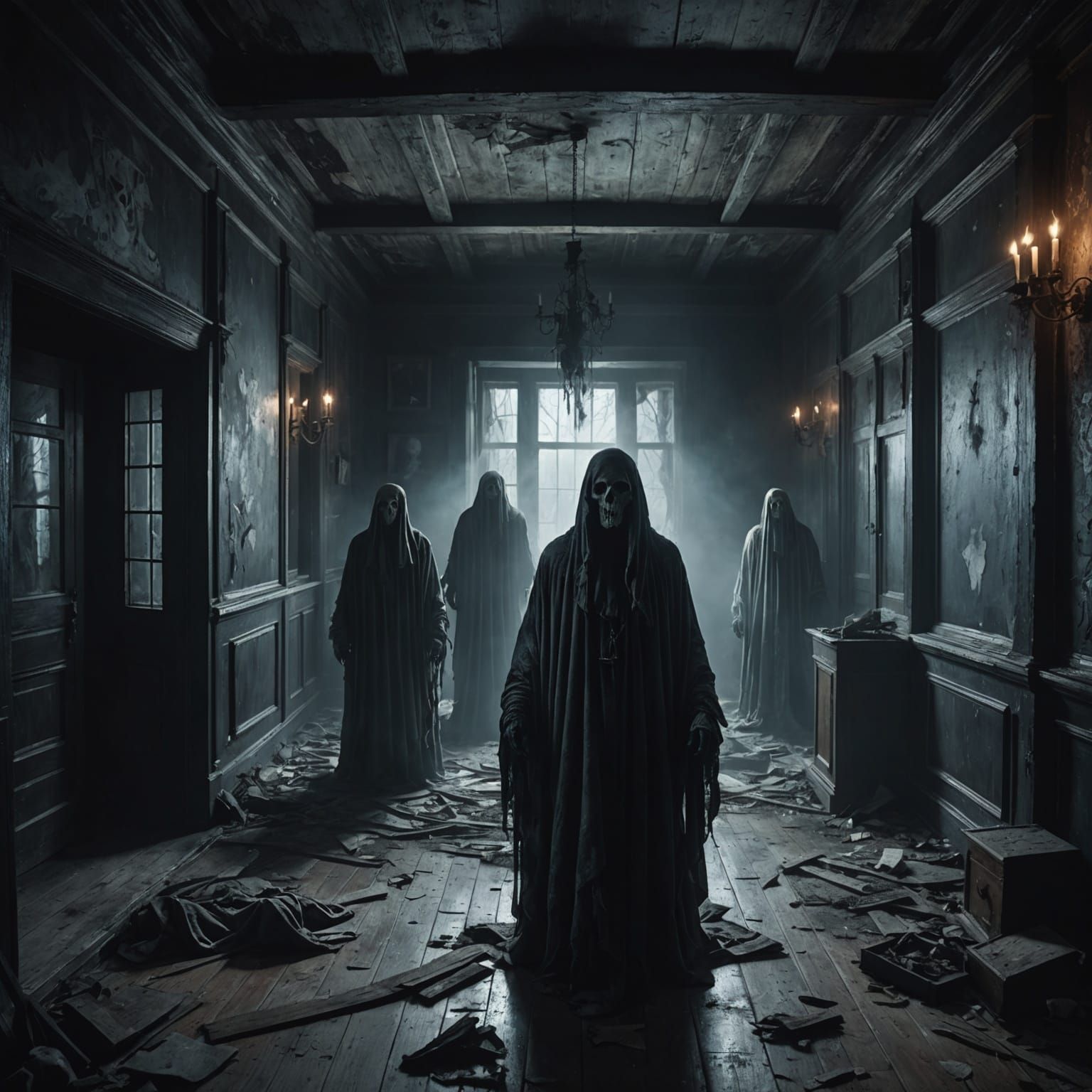 Ominous Ghosts in Dilapidated House: Dark Fantasy Concept Ar...