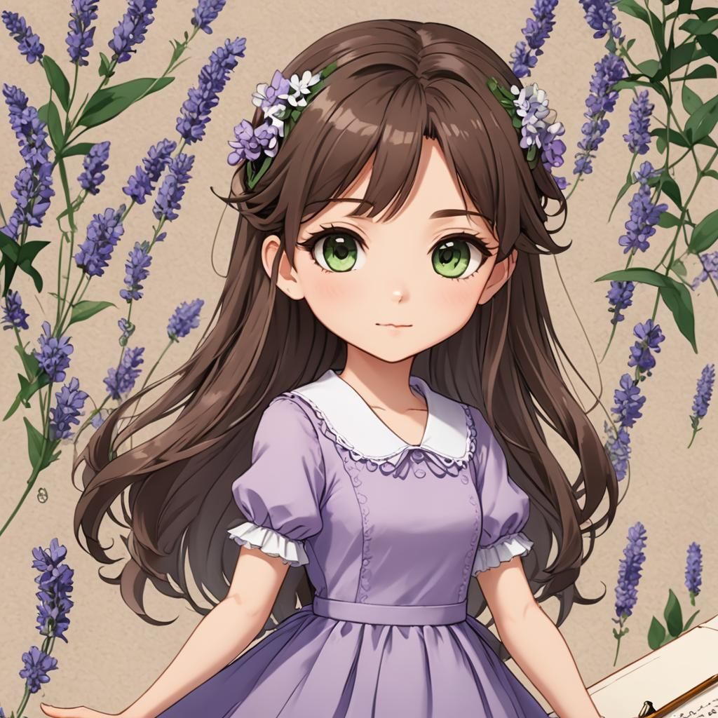 Chibi Anime Portrait of a Lavender Girl Writing