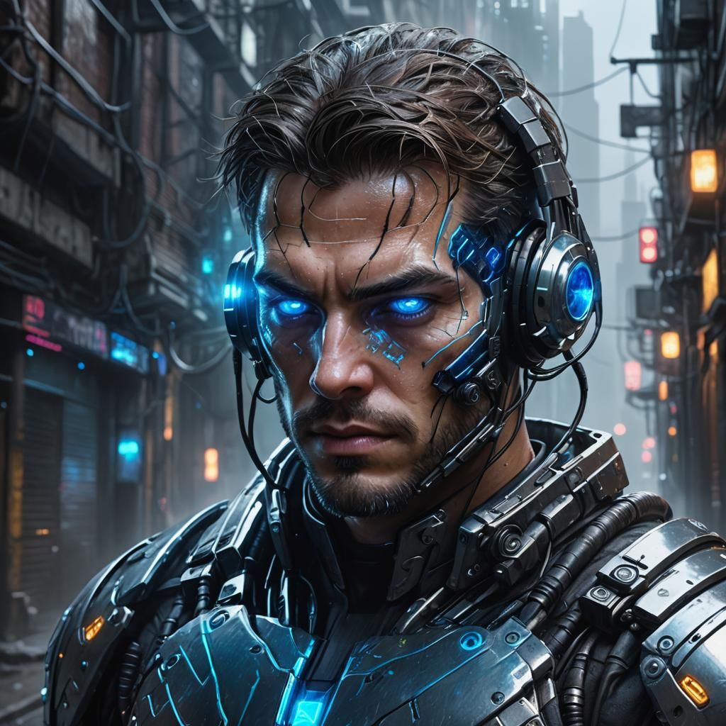 Cybernetic Man in Neo-Gotham Alleyway
