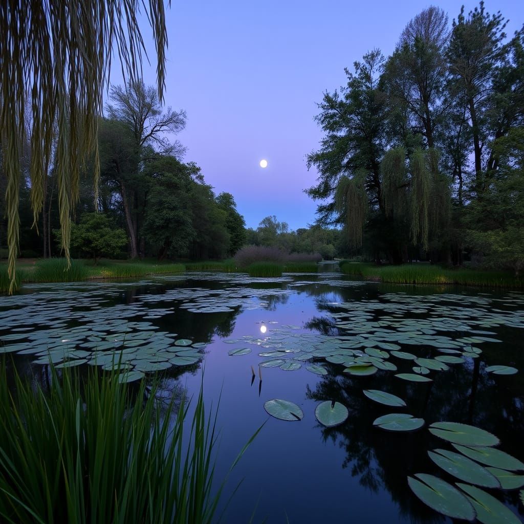 Serenely Shining Pond at Night