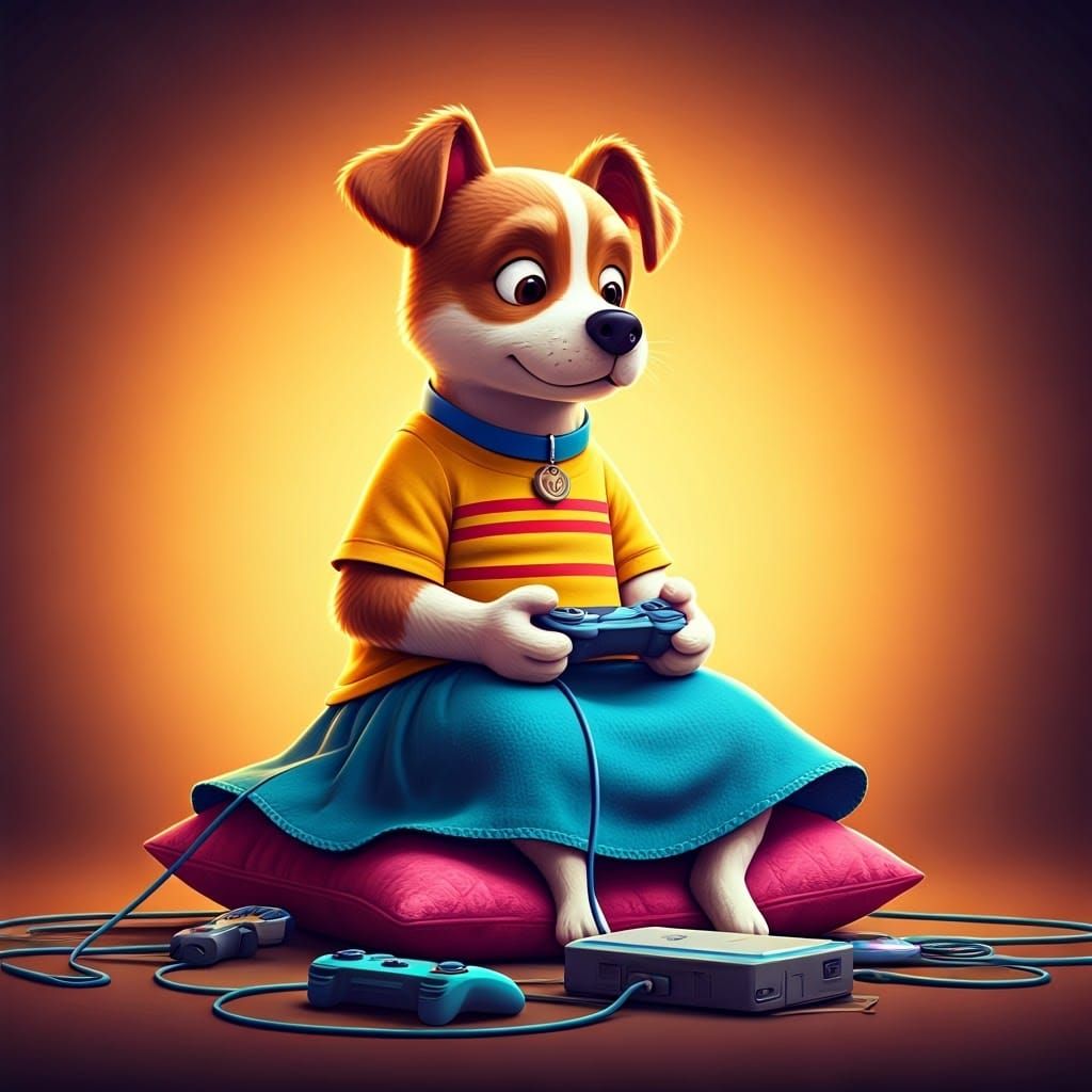 Dog Gamer in Yellow Shirt, Pixar-Inspired 3D Art